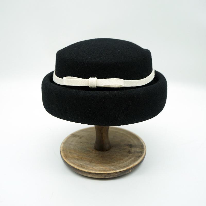 

Black And White Bow Contrasting Color Curled Wool Top Hat Women S Autumn And Winter Warm Cute Retro Japanese Felt Beret M（56-58cm）