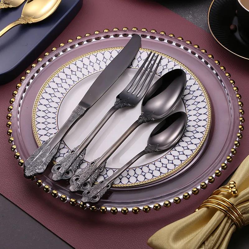 24 Pcs 18/10 Stainless Steel Black Gold Silver Cutlery Dinnerware Meat Knives Coffee Spoon Fork Flatware Set Dishwasher Safe