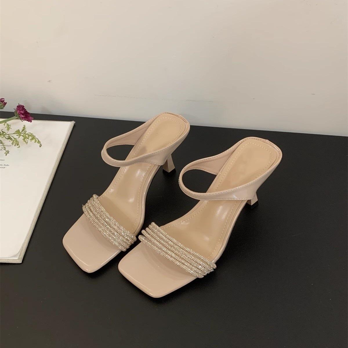 

French temperament square head rhinestone thin strap high-heeled sandals women s summer wear with skirts, beautiful cut men s thin heels high heels 39 телесный