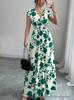 European and American V-Neck Short-Sleeved Summer Dress with Print and Ruched Waist for Women.