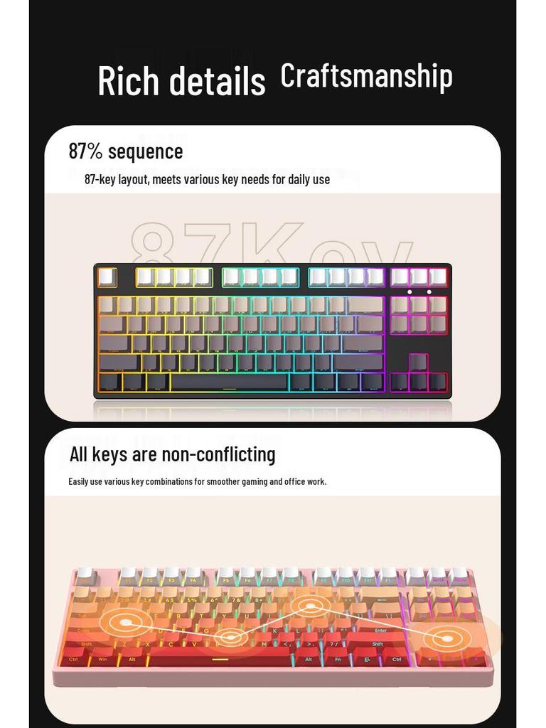 87-Key Wireless Bluetooth Mechanical Keyboard with Side-Engraved Customization, Mahjong Sound, Hot-Swappable RGB Lighting for Gaming and Esports.