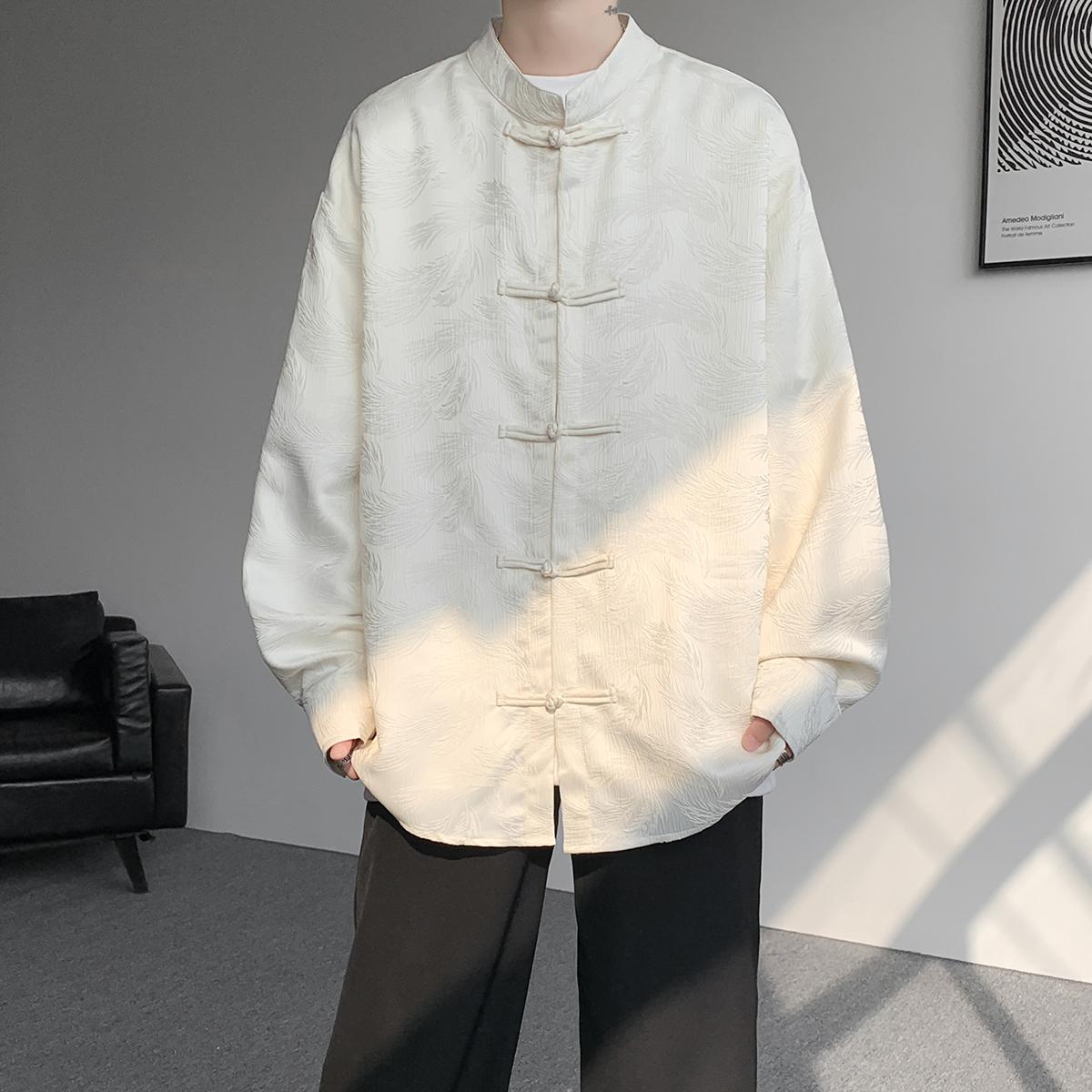 

Мужская рубашка с длинным рукавом на осень 2025 года, мужские рубашки с пряжками в китайском стиле, мужская рубашка Тан костюм свободного кроя, летние рубашки черного и белого цвета 3XL бежевый