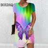 2026 Summer Women's 3d Printing Gradient Color Short-sleeved Mini Dress Elegant, Sweet and Cute Casual Loose Round Neck Dress