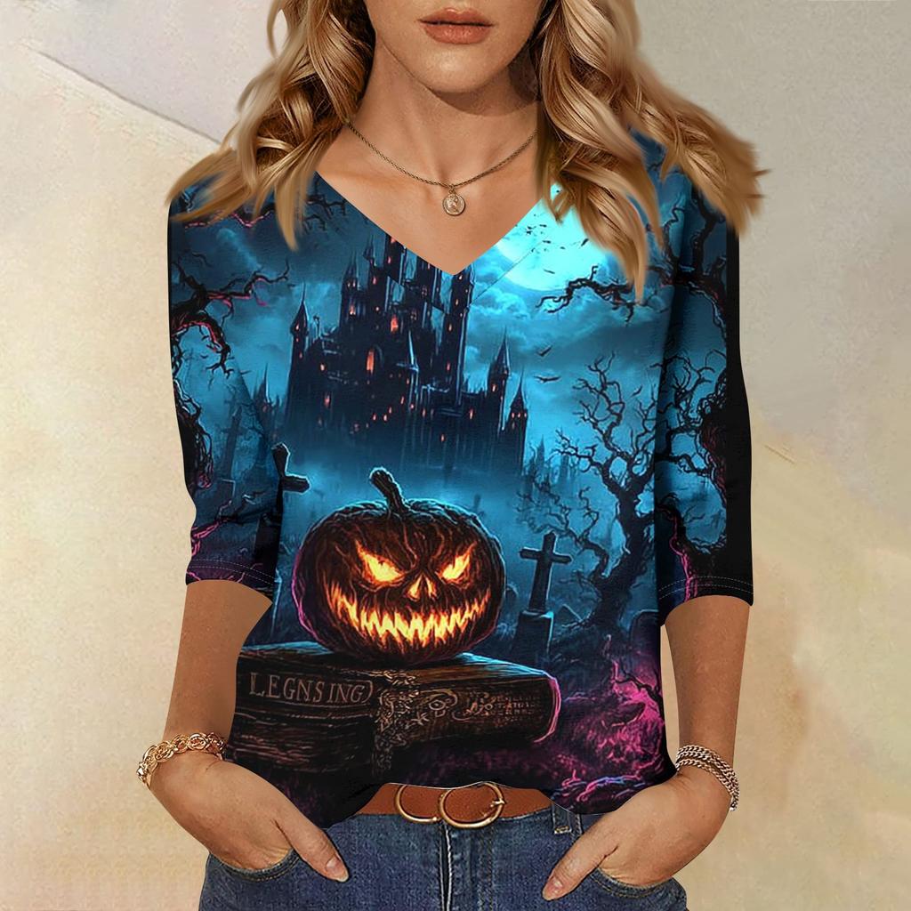 Women V Neck Casual Top Halloween Print 3/4 Sleeve Lightweight Blouse for Everyday Wear Comfortable Fit