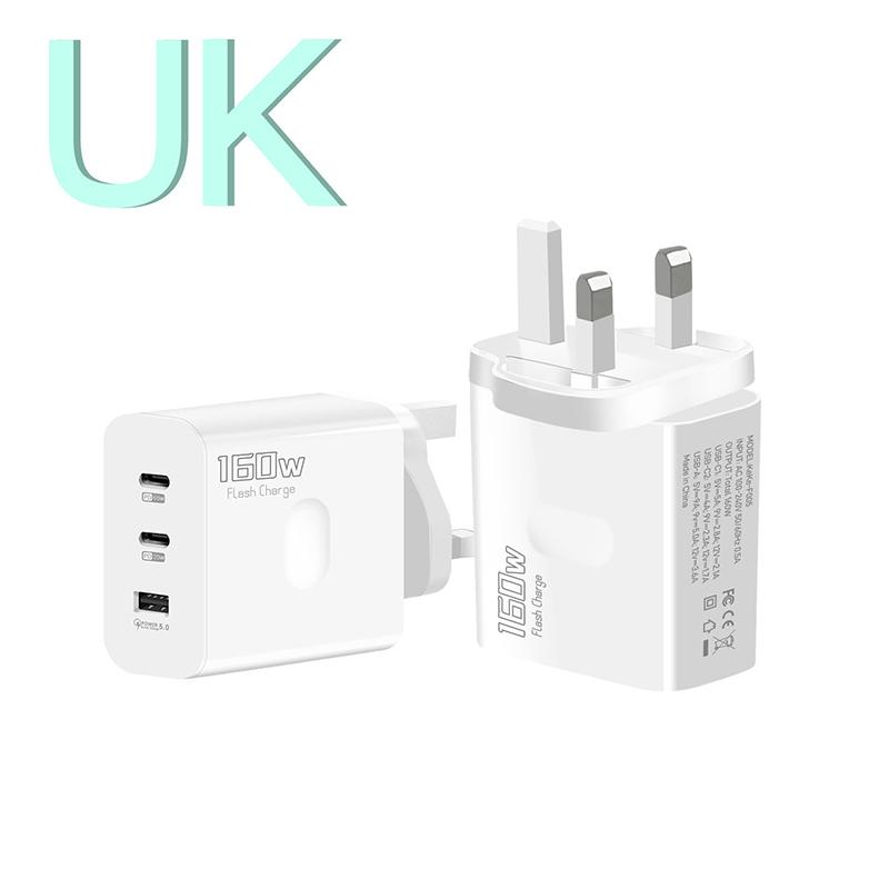 

160 Вт Usb Type-C телефон Gan зарядное устройство Usb-C Pd быстрая зарядка адаптер питания для iPhone для Samsung Huawei Xiaomi Realme для планшета White UK-Plug