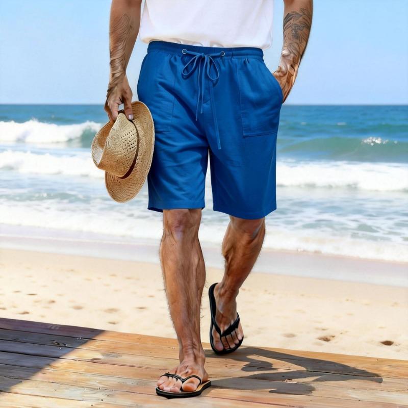 Pantaloncini in Cotone e Lino Coulisse Vita Elastica Gamba Dritta Monocolore Traspiranti Quotidiani da Spiaggia Casual