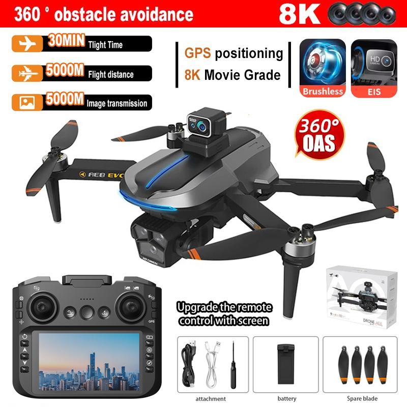 AE8 EVO GPS Drone 8K Professional HD Three Camera with Screen 5G WIFI 360°Obstacle Avoidance Brushless Rc Quadcopter FPV 5G WIFI Transmission UAV