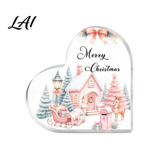 Romantic Christmas Gifts Heart Shaped Acrylic Tabletop Sign 2D Winter Snow Scene Desktop Ornament Home Party Supplies with Santa Snowman &