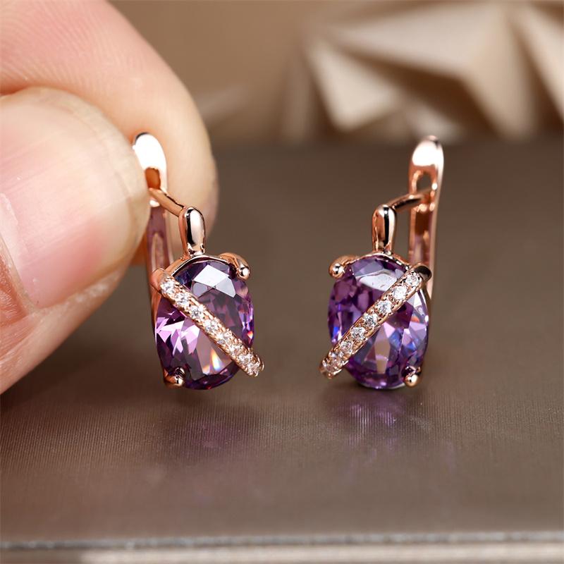 Cute Female Big Oval Stone Earrings Luxury Crystal Blue Purple Hoop Earrings Rose Gold Silver Color Wedding Earrings For Women