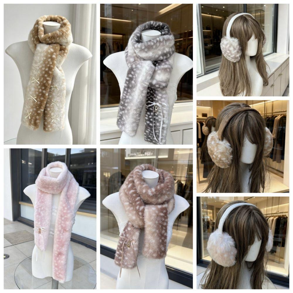Soft Fluffy Deer Patterned Faux Fur Scarf Thick Warm Plush Earmuffs Shopping Trip
