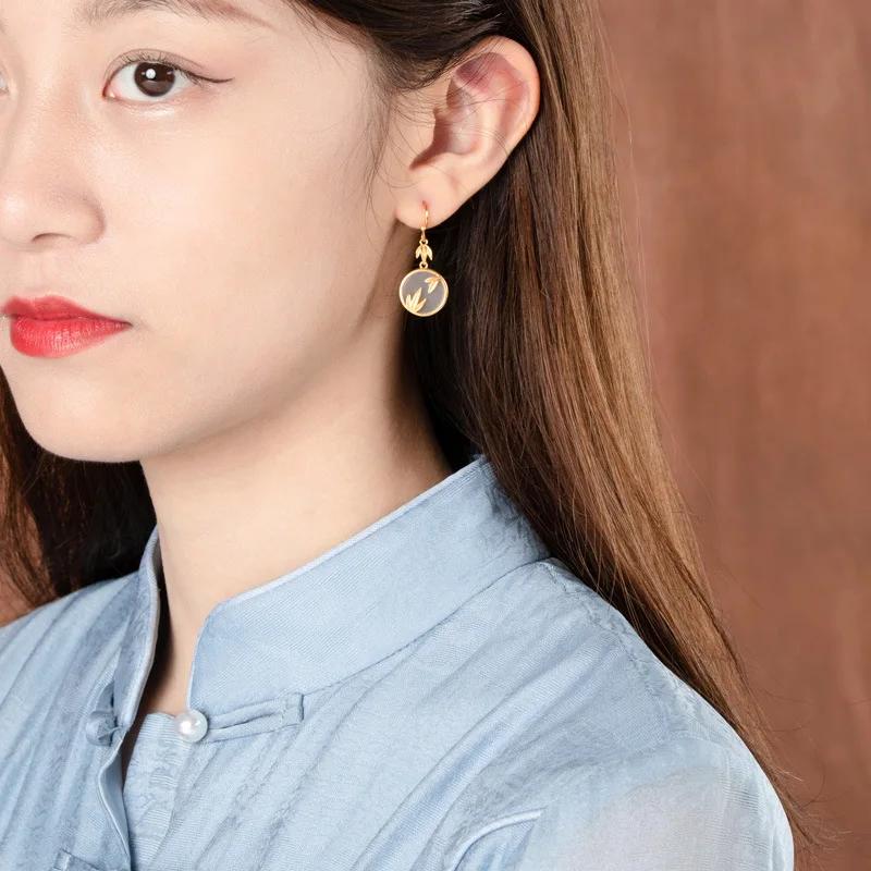 Classic Palace Style Earrings Copper Gold Plated Imitation Hotan Jade Earrings China-Chic Bamboo Leaves Premium Earrings Jewelry