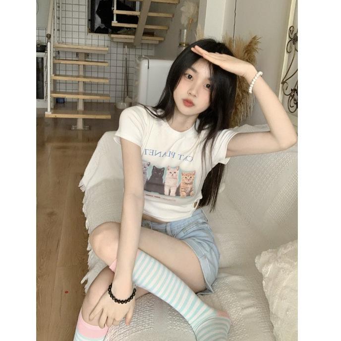 Ženy Trička s krátkým rukávem Crop Tops Potisk pro kočky Crew Neck Trička Slim Fit Léto Neformální Košile s odhaleným pupkem Streetwear