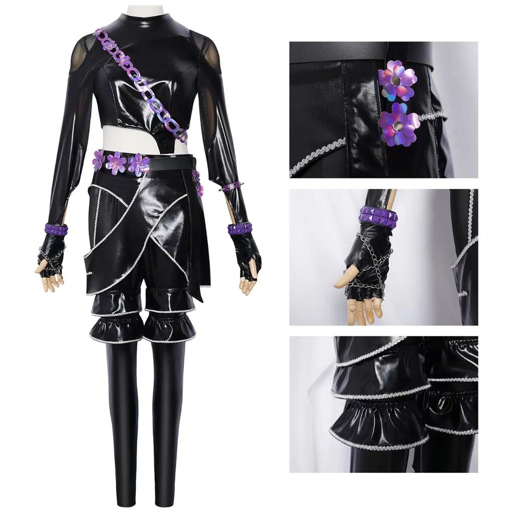 Kpop Demons Hunters Rumi Cosplay Costume Wig Black Leather Battle Suit Adult Women Coat Pants Belt Gloves Halloween Party
