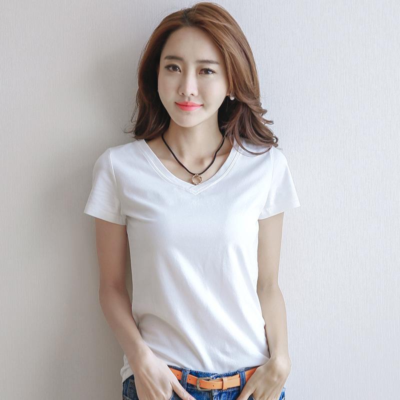 Short T-shirt Summer Women's Short-sleeved Round Neck V-neck Casual Shirt Shirt Solid Color Blouse Black/white