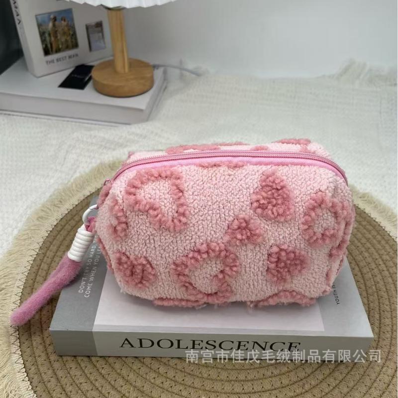 Plush Makeup Bags with Handle Soft Travel Cosmetic Storage Bag Portable Love Print Organizer Pencil Case Cute Clutch Pouch