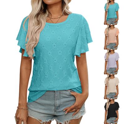 Women's Casual Fashion Round Neck Solid Color Hollow Short Sleeve T-shirt Top