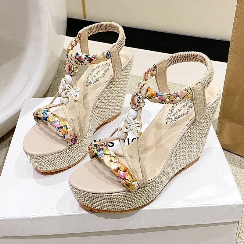 Bohemian sandals women's spring summer new slope heel platform rhinestone fish mouth sandals large size sandals