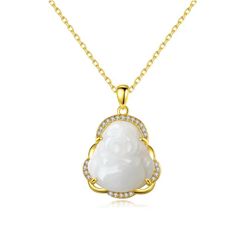 S925 Sterling Silver Hetian Jade Maitreya Buddha Necklace - Women's Trendy Ancient Style Clavicle Chain Pendant