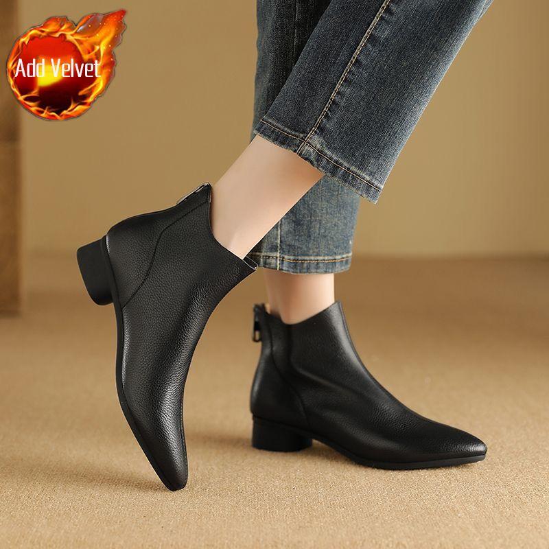 

Leather Pointed Toe Booties Elegant with Low Heels Autumn Winter Women s Ankle Boots Goth Fashion 2025 Female Short Shoes Sale 41