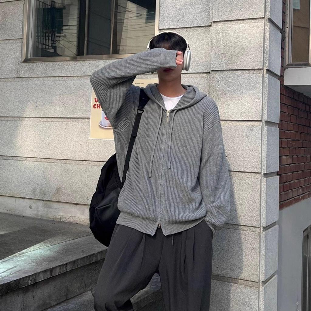 Men's 2024 Korean Style Double Zipper Hooded Knit Cardigan - Autumn/Winter Versatile Trendy Couple Style Sweater