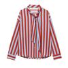 Womens Striped Long Sleeve Shirt With Tie Neck Loose Fit Linen-Feel Top Casual Street Style Blouse
