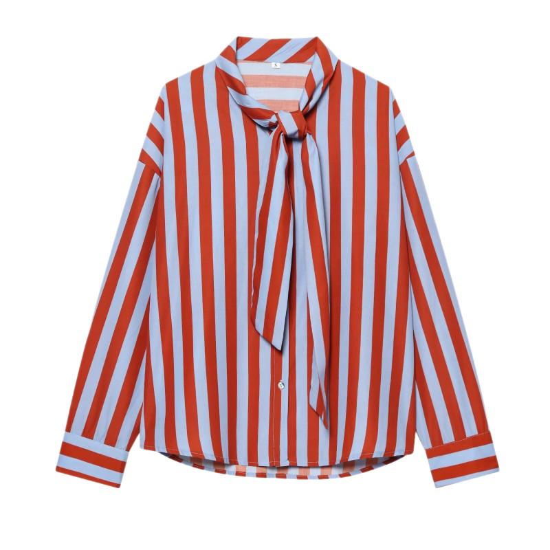 Womens Striped Long Sleeve Shirt With Tie Neck Loose Fit Linen-Feel Top Casual Street Style Blouse