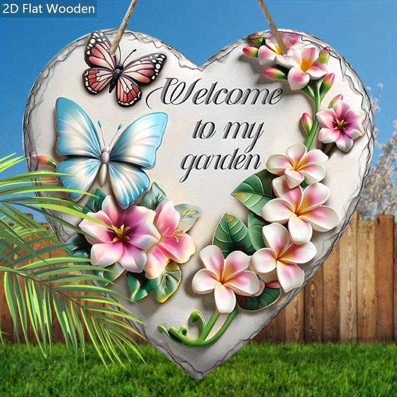 Wooden Welcome Sign with Heart-shaped - Rustic Decorative Plaque with Butterflies & Flowers Pattern - Ideal for Lawn, Cottage Decorations