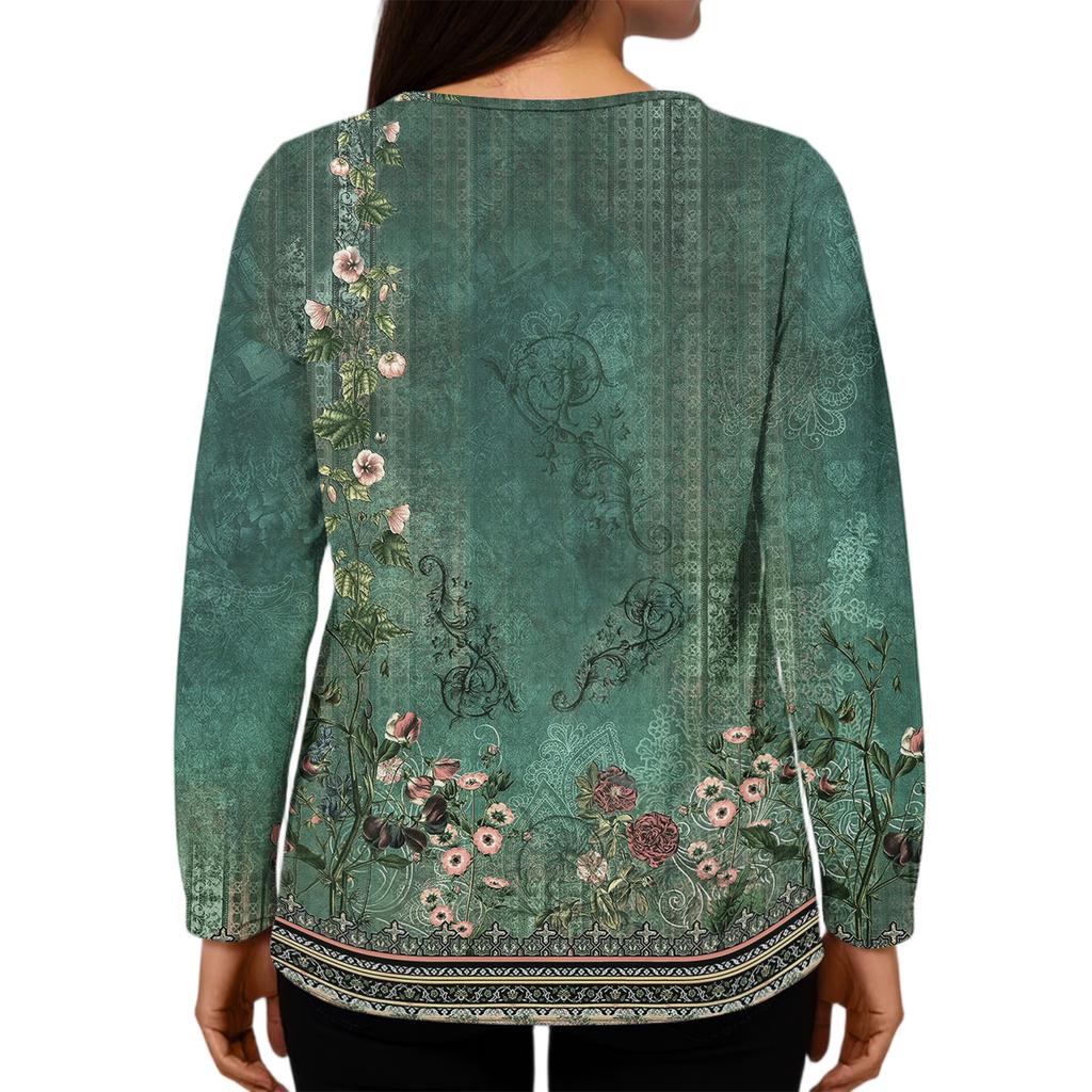 Damen Casual Mode Locker Rundhals Retro Print Langarm Oberteil