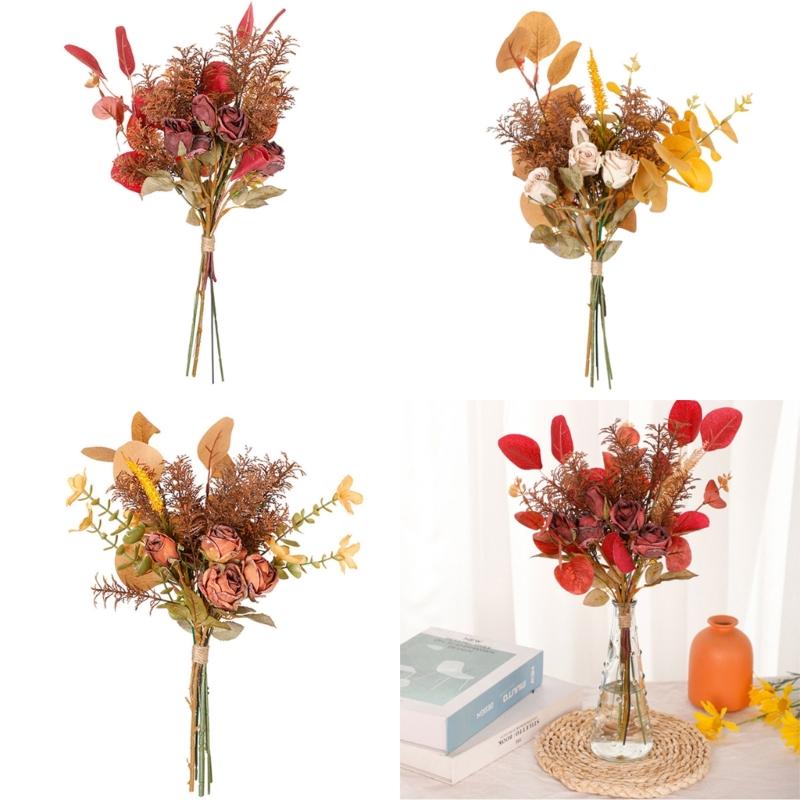 Fall Artificial Flowers Fall Decoration Silk Maple Leaves Rose Plant Autumn Thanksgiving Garden Decor Flower Arrangement