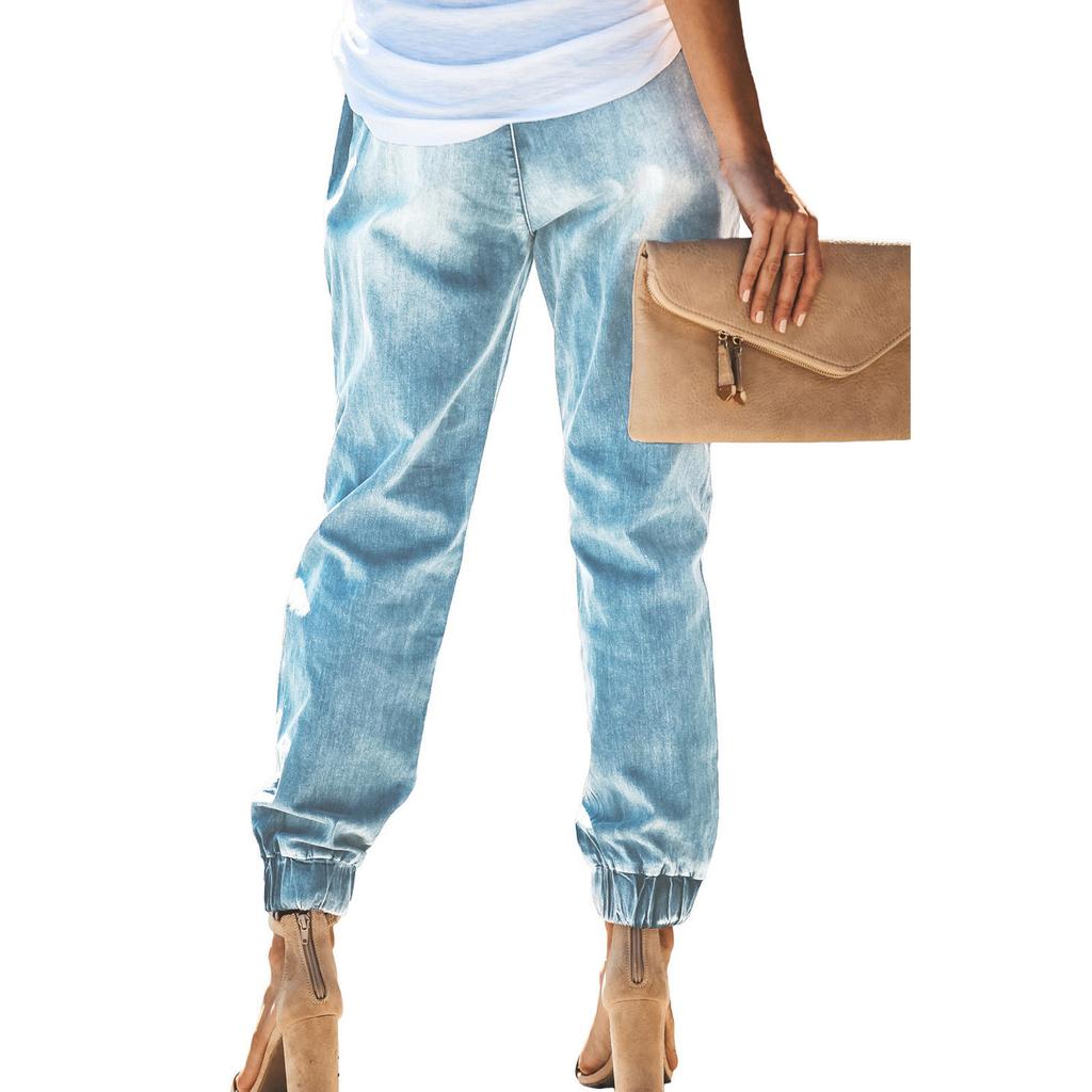Women's Ripped Jeans Drawstring Elastic Waist Washed Casual Pants Denim Trousers