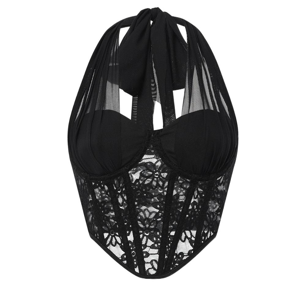 

Сетчатое кружево, цветочный корсет, прозрачный вырез, халтер, укороченный топ, корсет на косточках, майка, весна-лето L