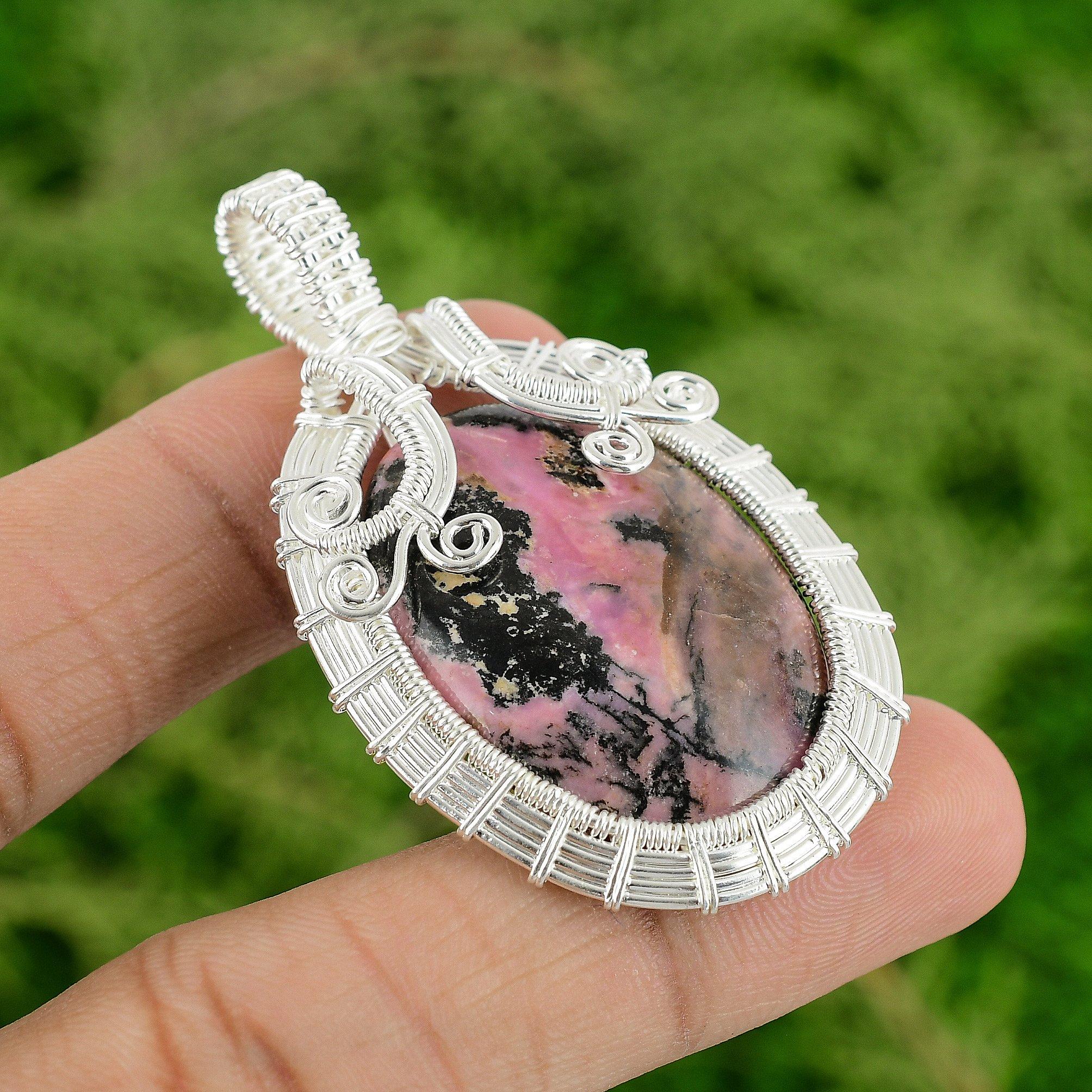 

Rhodonite Gemstone 925 Silver Engagement Wire Wrapping Bezel New Pendant Jewelry