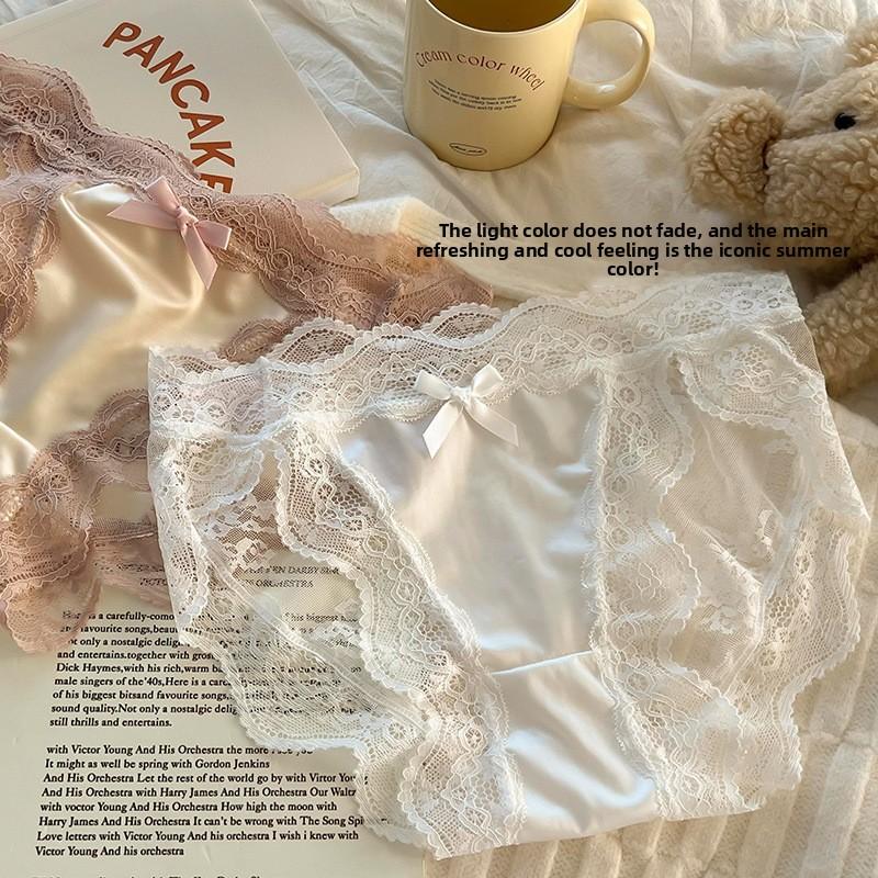 Female Summer Thin Sexy Lace Bow Pure Desire Satin Breathable High Split Low Waist Triangle Briefs