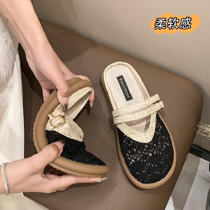 Grid linen lace casual non-slip breathable large size ethnic style linen lace casual flat-bottomed slippers women
