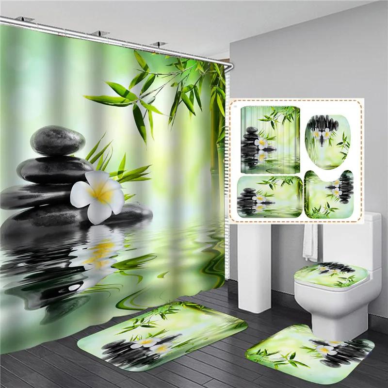 

Full Set Bathroom Shower Curtain Set And Rugs Waterproof Fabric Furniture Accessory Zen Flow Water Bamboo For Bath Decoration W60H190(CM)-1 Pcs