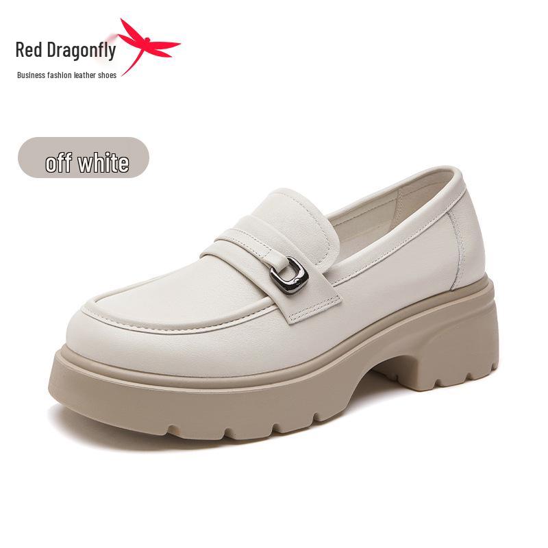 Red Dragonfly Women s Genuine Leather Chunky Heel Loafers - Retro British Style, Black Shallow Mouth. 38