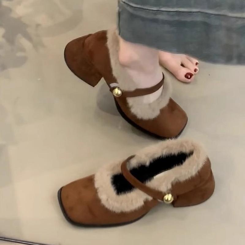 Mode Elegante Mary Jane Schuhe mit eckiger Spitze und Kunstfell Damen Wintermode Wildleder Slipper Mittelhohe Pumps Französische Retro Kleid Party Pumps