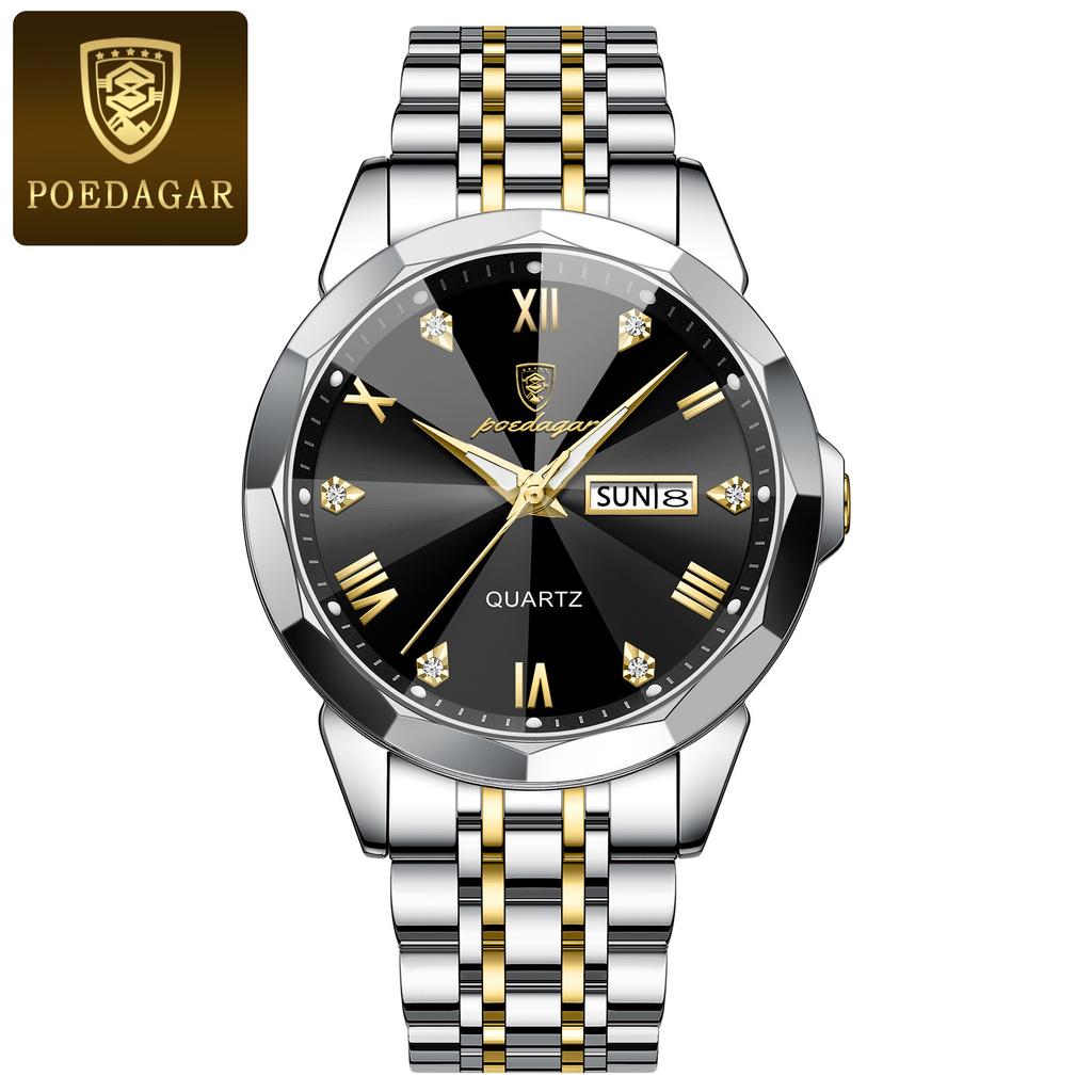 POEDAGAR Orologio da uomo di lusso originale impermeabile luminoso con data settimana acciaio inossidabile quarzo moda