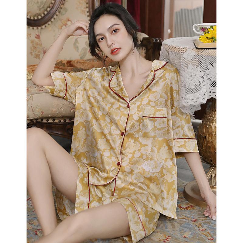

Весенне-летняя пижама с шортами для девочек, женский желтый модный костюм с принтом, домашняя одежда L