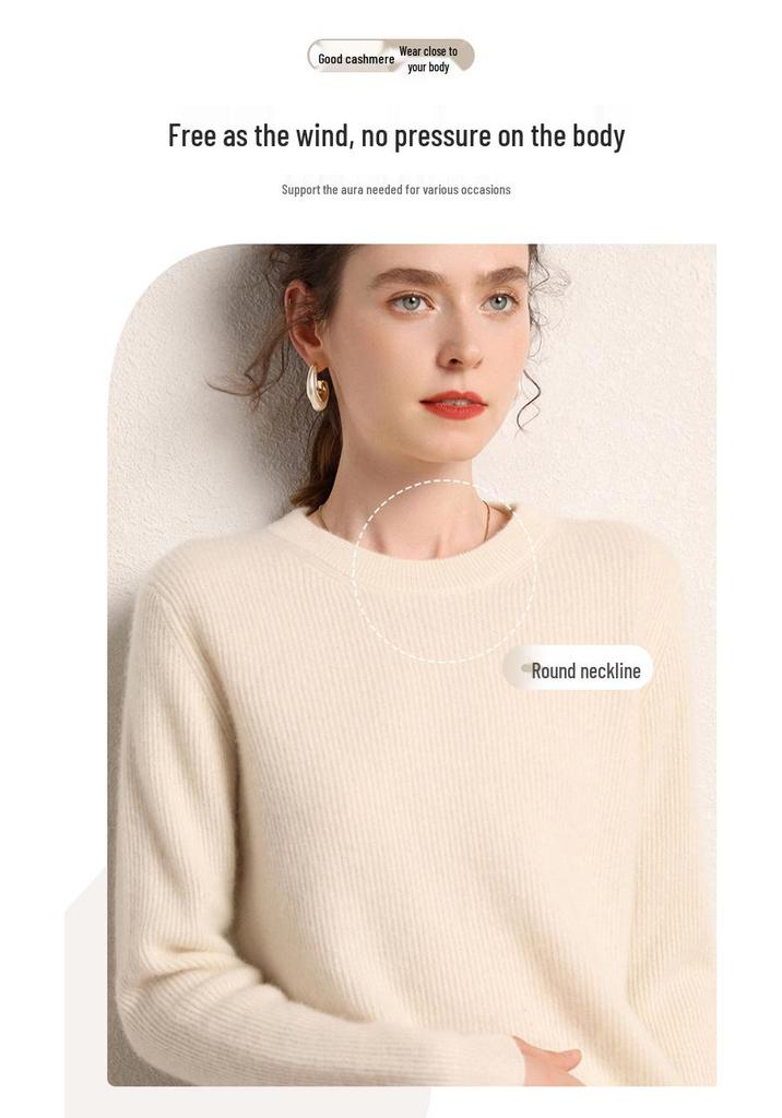 Women's 100% Pure Cashmere Rib Knit Round Neck Sweater - Solid Color Autumn/Winter Base Layer