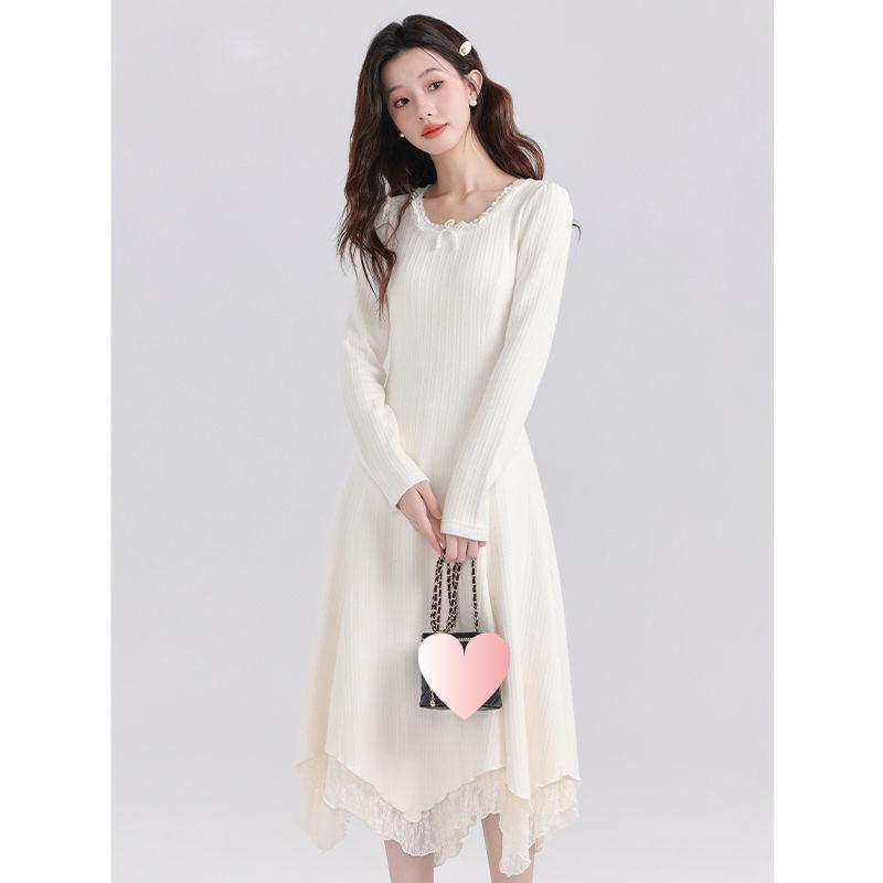 

Elegant Pure White Lace Long Dress for Women - Perfect Base Layer for Autumn/Winter 2026, Pair with a Coat S 70-90 lbs