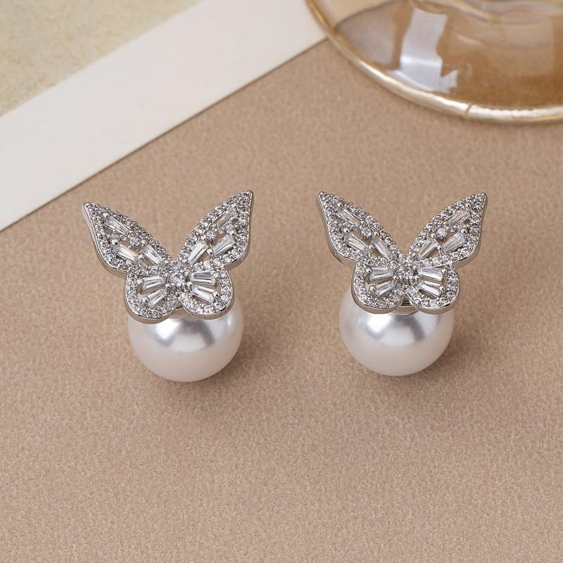 Elegant French Chic Zircon Pearl Earrings Women Dual-Wear Front Back Design Sterling Post Geometric Shape