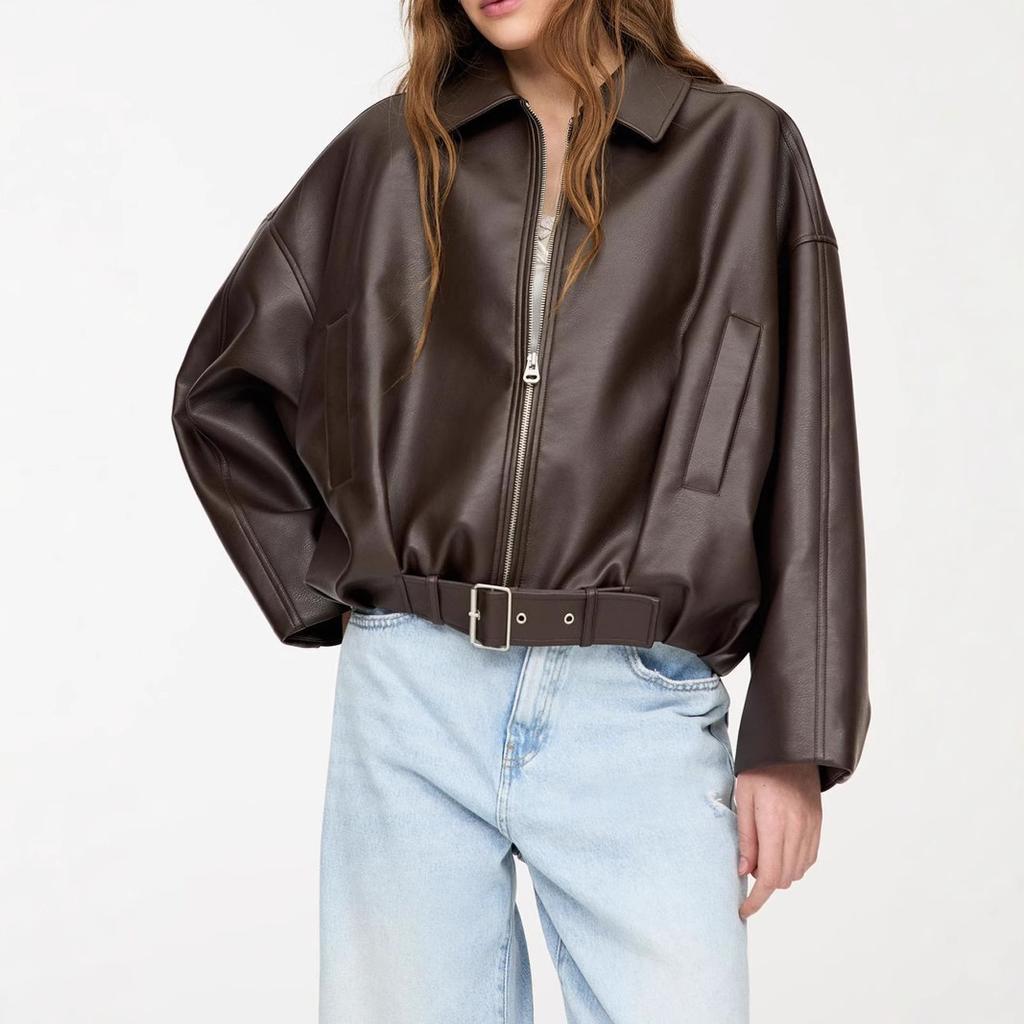 Women's Autumn Winter Retro Loose Pu Leather Coat, Bomber Jacket Casual Artificial Leather Top, Street Style Zipper Riding Coat