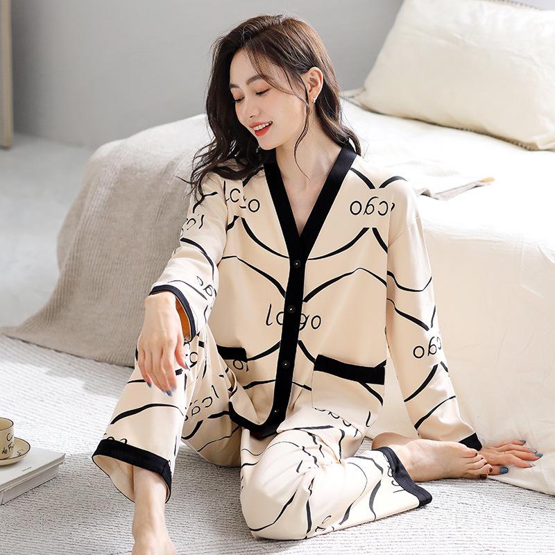 

New pajamas women s spring and autumn pure cotton long-sleeved thin high-end cardigan large-size loungewear set m suggest 40-50kg