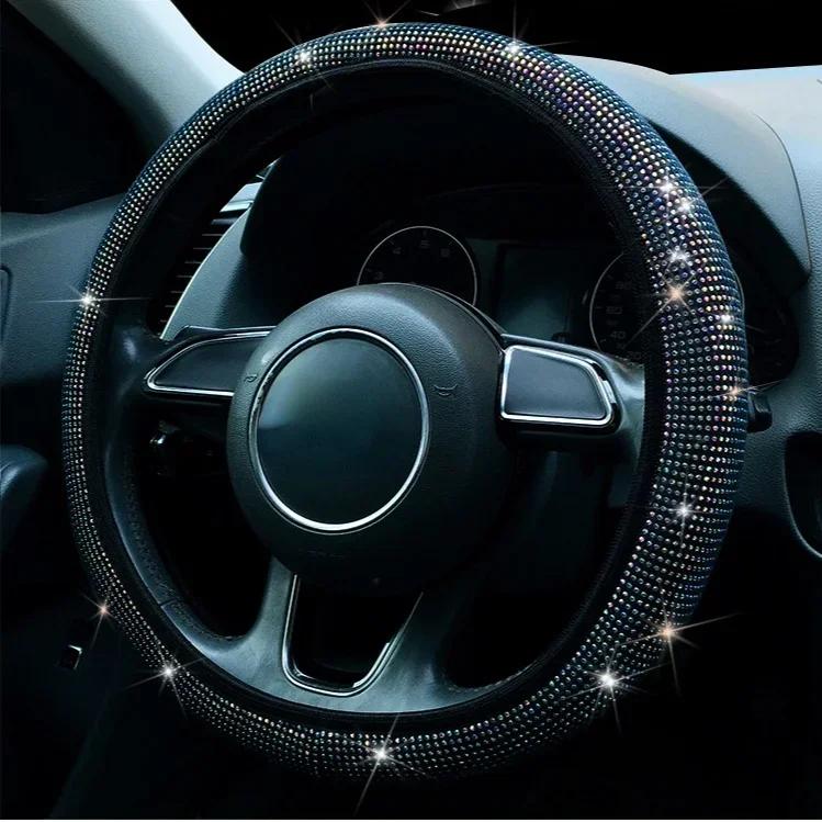 38cm Universal Car SUV Breathable Anti-Slip Bling Rhinestones Steering Wheel Cover for Women Girl with Crystal Diamond Sparkling