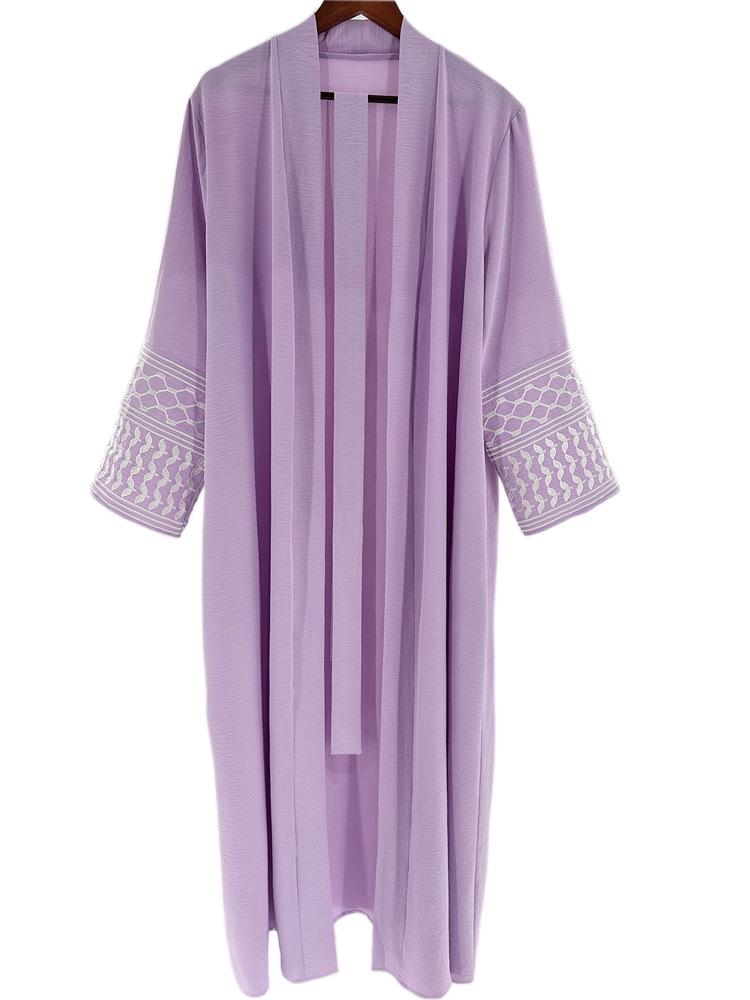 Elegant Embroidered Middle Eastern Muslim Tie-Up Cardigan Dress with Pockets