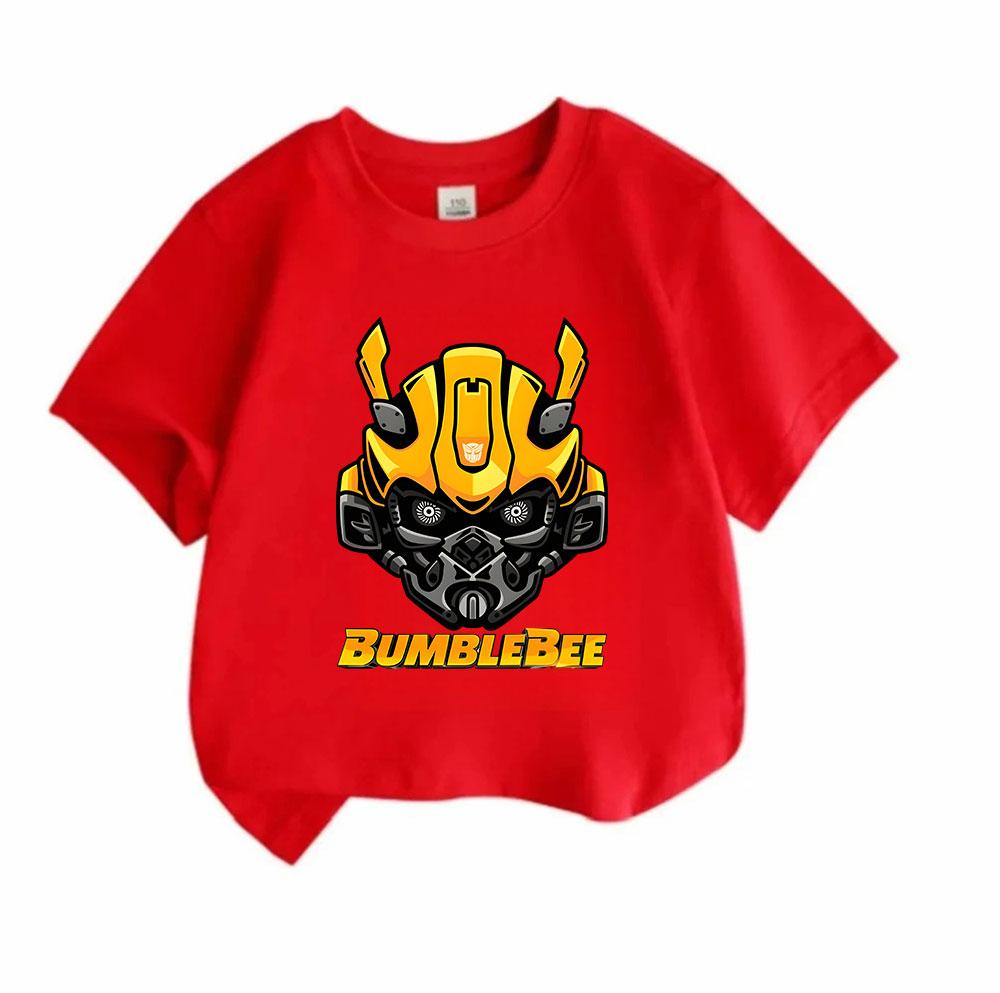 Kids Boys Girls Casual Crew Neck Short Sleeve T-Shirt, Cool Bumblebee Mecha Graphic 100% Cotton Soft Breathable Tee, Summer Daily Wear Tops for 3-12 Y