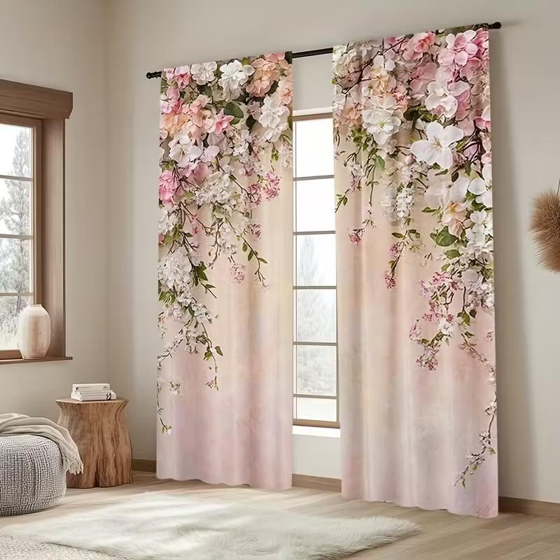 2Pcs Pink flower wall Print Curtains,suitable for Bedroom,living Room,home Decor,living Room Curtains Set Window Curtain