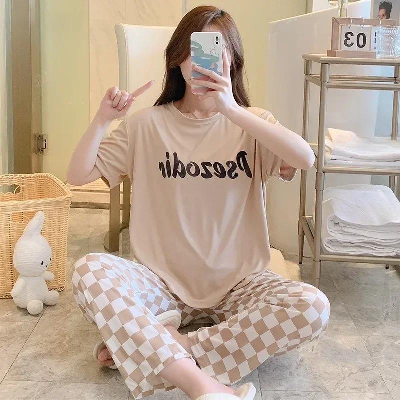 2PCS/Set Cartoon Bear Pajamas Women Short Sleeve Long Trousers College Students Nightwear Homewear Letters Plaid Girls Sleepwear