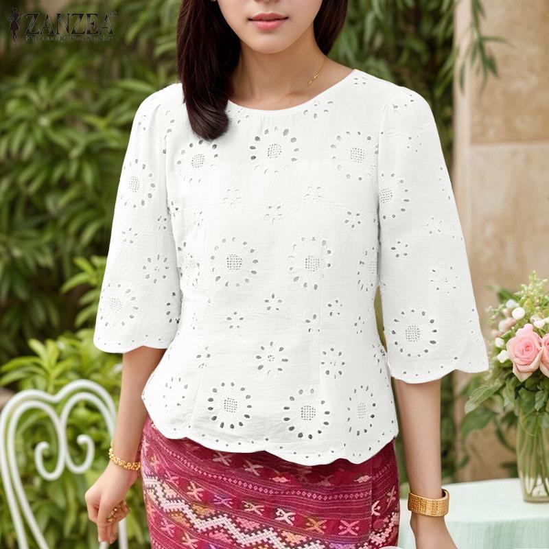 ZANZEA Women Casual Round Neck 3/4 Sleeve Loose Patchwork Crochet Blouse